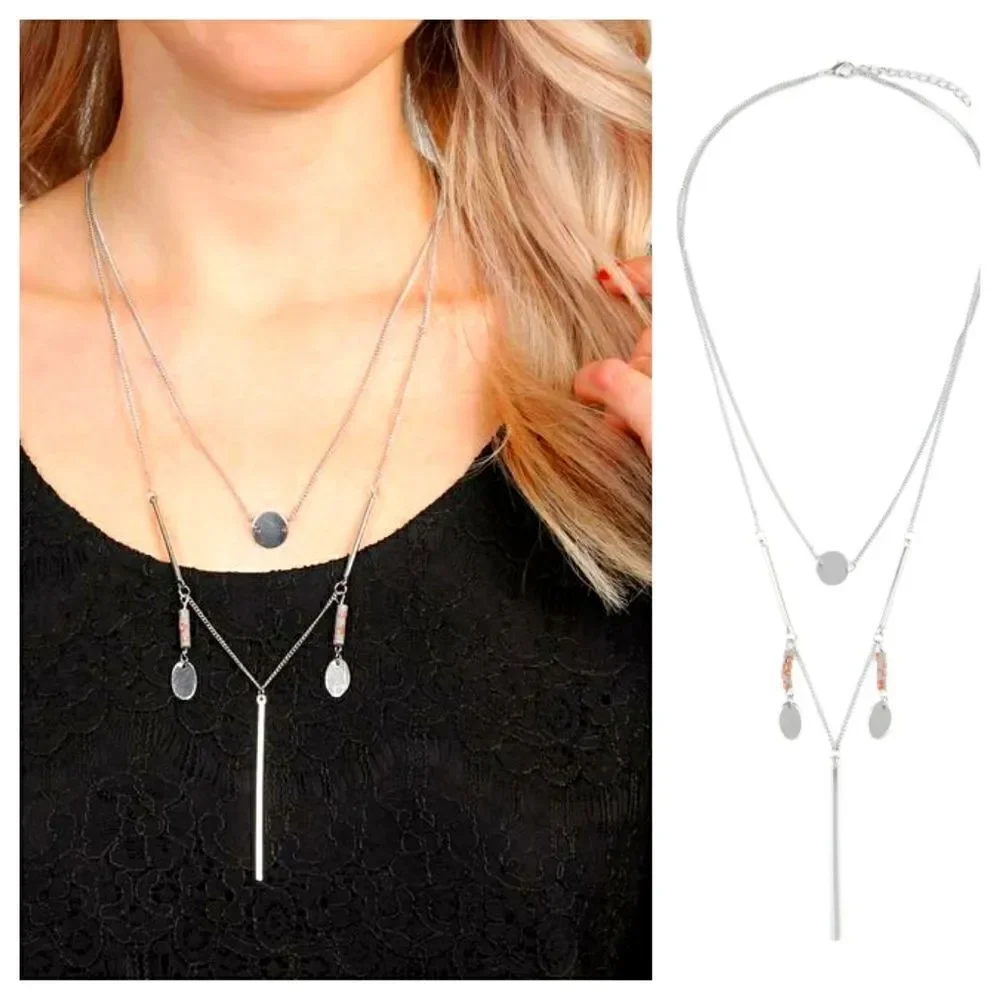 Boho Lariat Layering Silver Tone Earthy Necklace